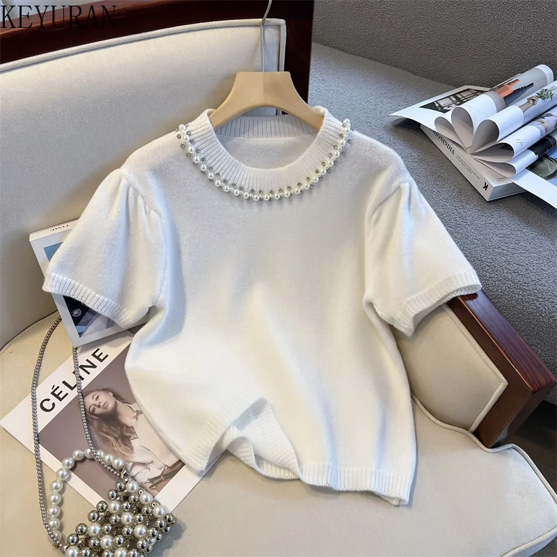 Peals Beaded Diamonds Knit T-Shirts Women 2024 Summer New Korean Fashion Loose Spliced Puff Short Sleeve Sweater Tops Tees Femme