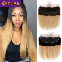 YOUFA 1B/27 Blonde Lace Frontal Pre Plucked Brazilian Bone Straight Ombre Blonde Human Hair 13x4 Swiss Lace Closures Free Part
