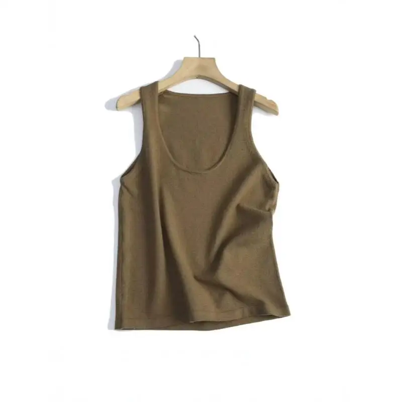 Maxdutti Minimalist Women's Fashion Olive Green Elegant Top In Southern France Sleeveless Knitted T-shirt Woman Clothes Tank Top
