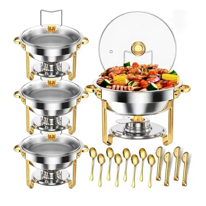 2/4 Pack 5L Chafing Dish Buffet Set with Glass Lids Stainless Steel Gold Rim Chafers for Catering