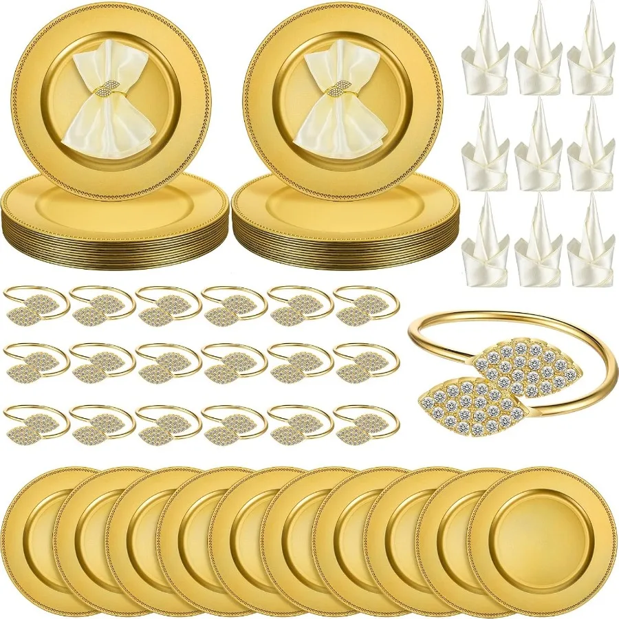 

72 шт. зарядные устройства для обеденных тарелок 13-дюймовые круглые пластиковые зарядные устройства для рифовых тарелок с кольцами для салфеток и атласной салфеткой для ужина Weddi