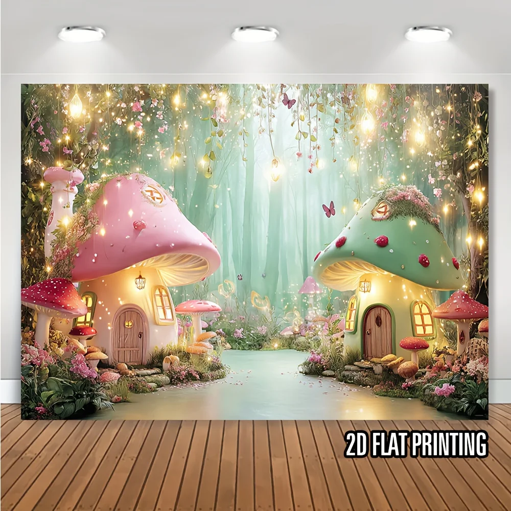 2D flaches 1-teiliges Polyester-Banner – Magic Forest Mushroom House-Design, geeignet für Party- und Fotohintergründe
