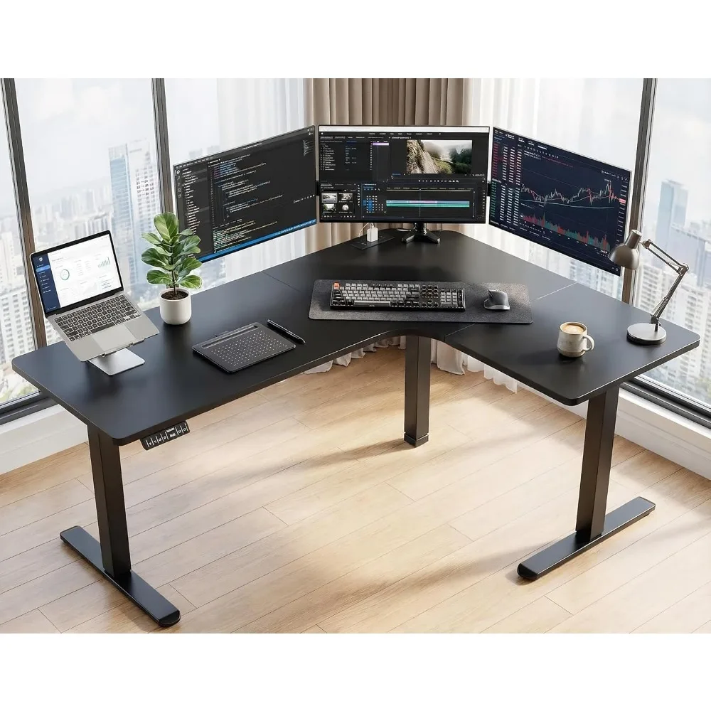 HUANUO 63″ L-Shaped Standing Desk, Built-in Power Outlets, Electric Height Adjustable Corner Computer Desk, Large Power Strip Holder, Sit Stand Up Desk with 3 Preset Heights, Black