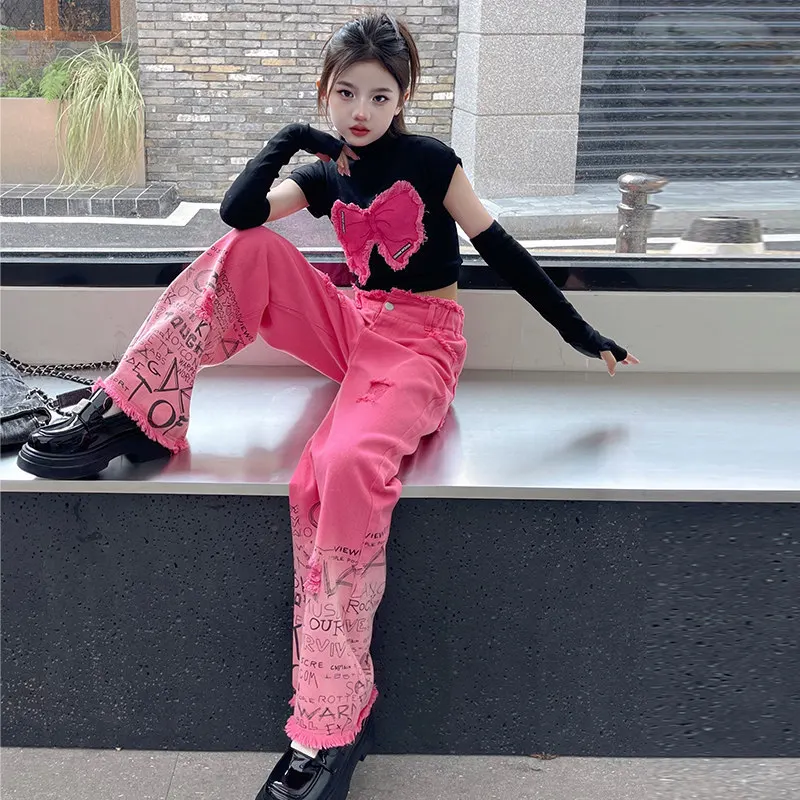 Young Girl Clothing Sets Removable Long Sleeves Butterfly Tops+Letter Gradient Wide Leg Pants Suits Fashion Hip Hop Teen Clothes