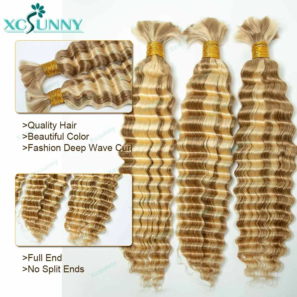 Resalte el cabello humano rizado a granel para trenzar, Rubio 613 27, onda profunda, paquetes de cabello humano doble dibujado a granel, sin trama, trenzas Boho