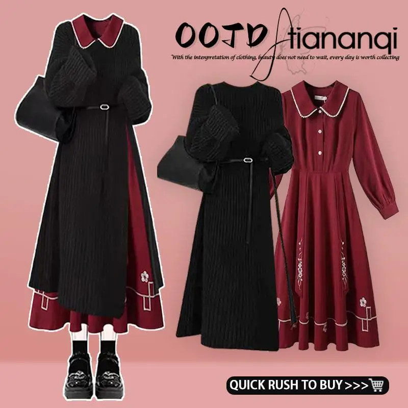 

Faionable Red Cisas New Year Women's Set Autumn Winter New Design Sensation Sweater Long Sve Collar Dr