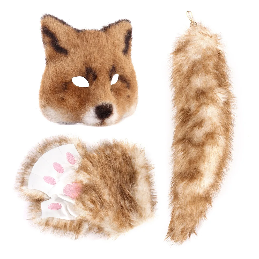 Costume di Halloween Simulazione Volpe Lupo Cane Orso Animale Maschera di ruolo Guanti Peluche Coda Animale Puntelli e accessori Cosplay