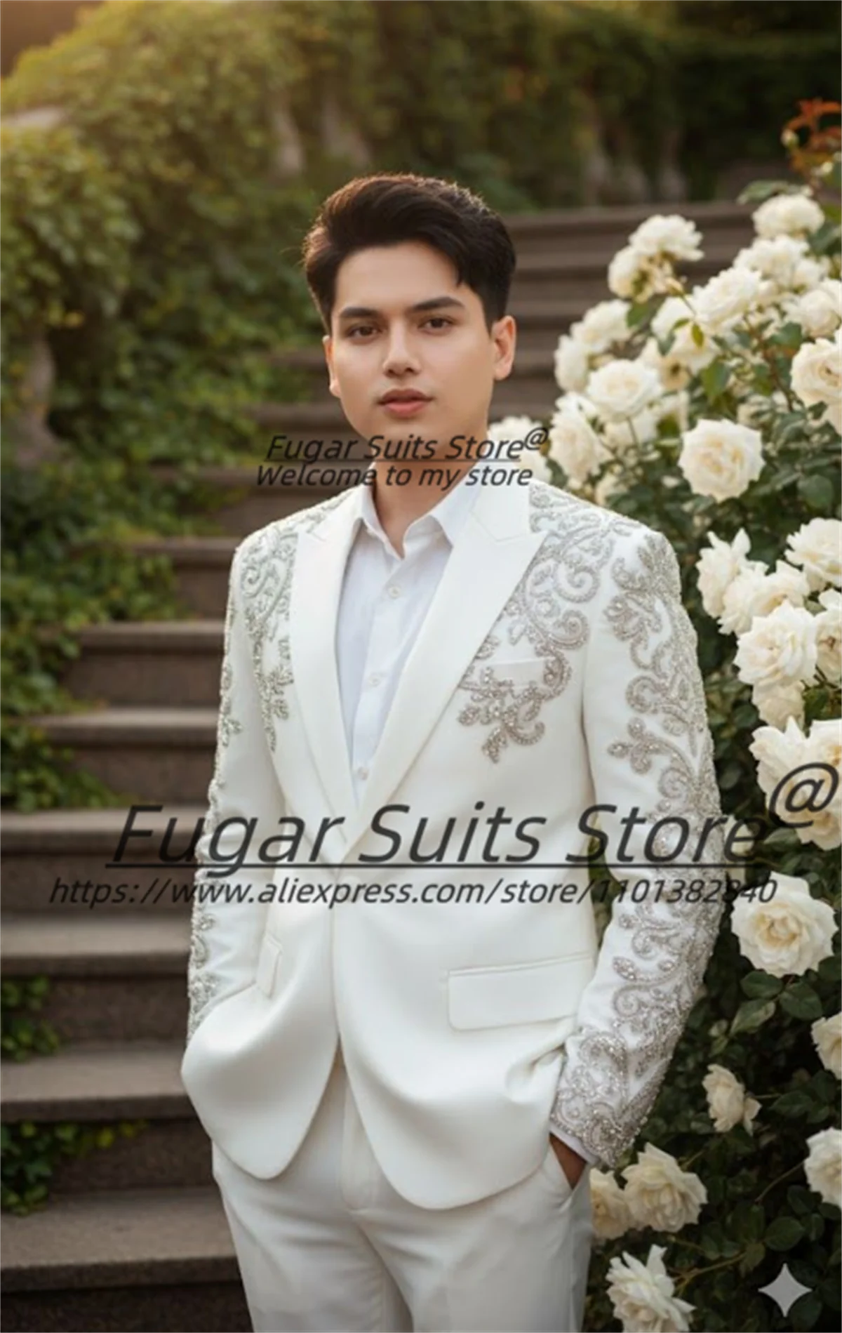 Elegant Silver Crystal Rhinestone Embroidered White Men Suits Customized Slim Fit Peak Lapel Groom Wedding Tuxedos 2 Pieces Sets view 2