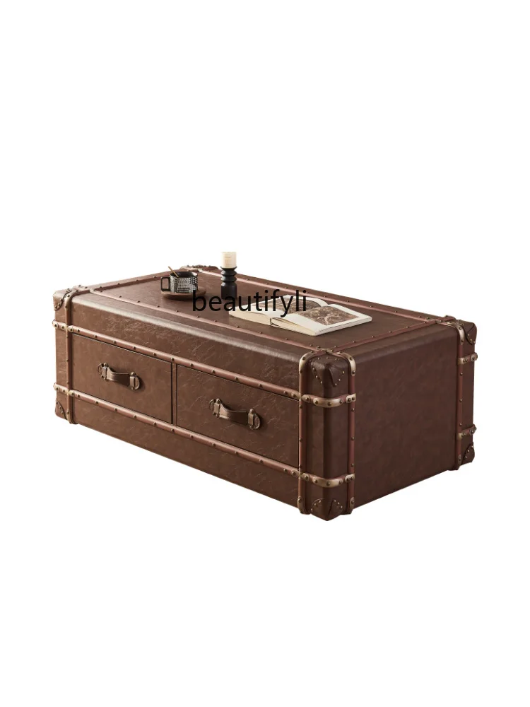 

Medieval style suitcase American retro leather art coffee table living room light luxury coffee table French style