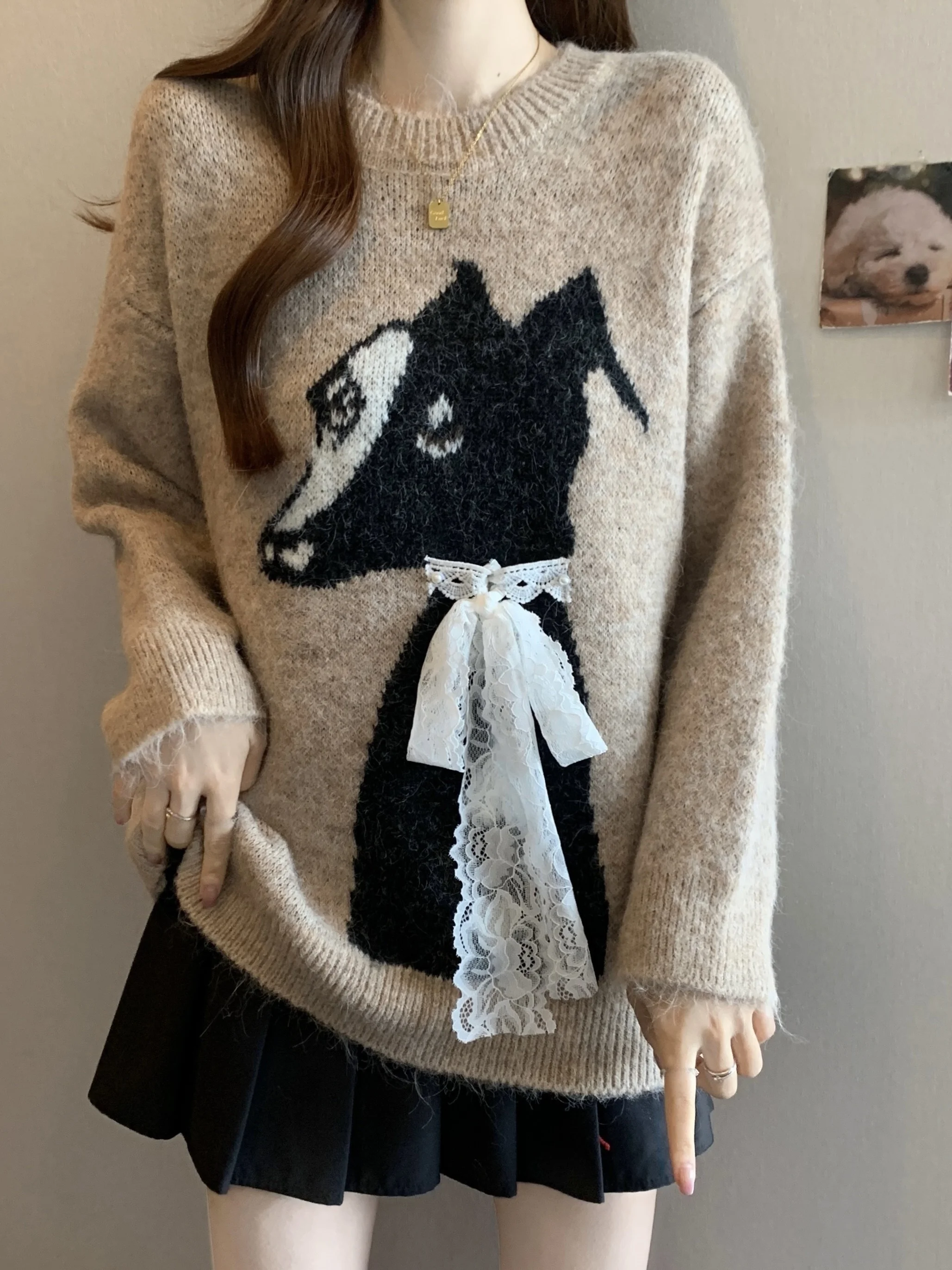 

Американский шерстяной свитер свободного кроя с круглым вырезом для женщин, осенне-зимний, больших размеров, для полных женщин, вязаный топ с длинными рукавами