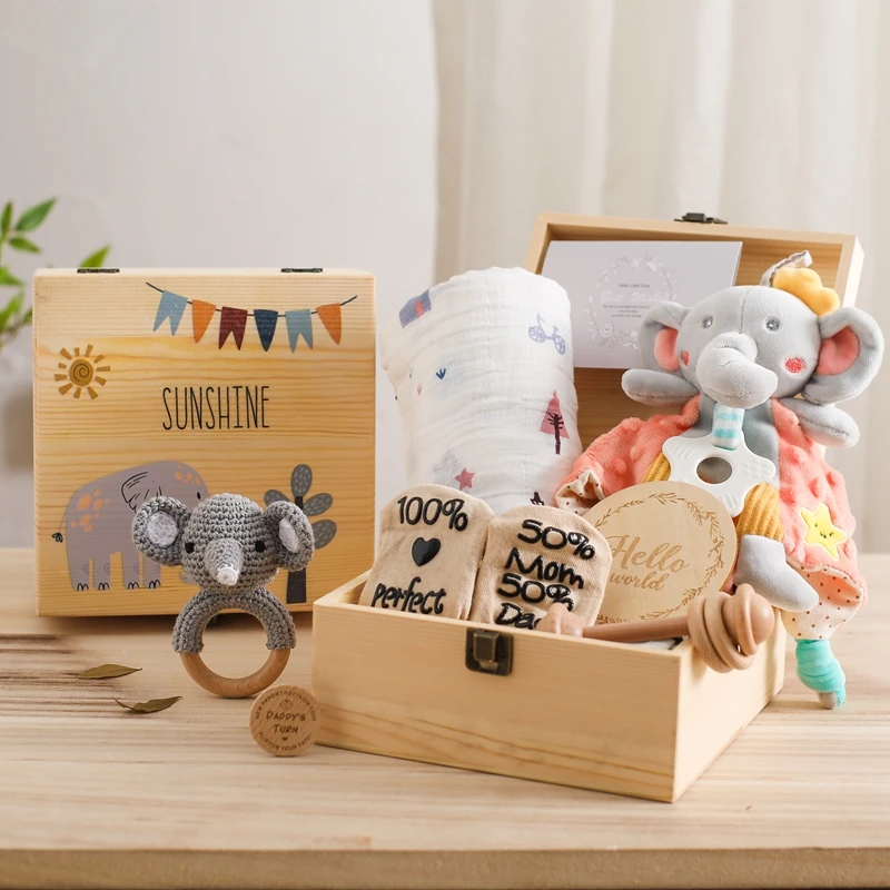 Baby Wooden Rattle Teether Toys Gift Box Set Crochet Elephant Bells Music Teething Wooden Ring Bracelet Rodent Teething Toys