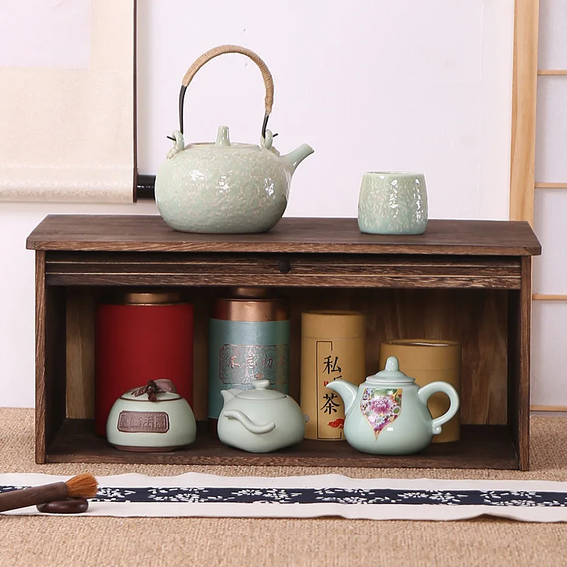 Chinese Tea Storage Cabinet Solid Wood Organizer Box with Dustproof Rolling Door Pu'er Cup Display Teaware Storage Case