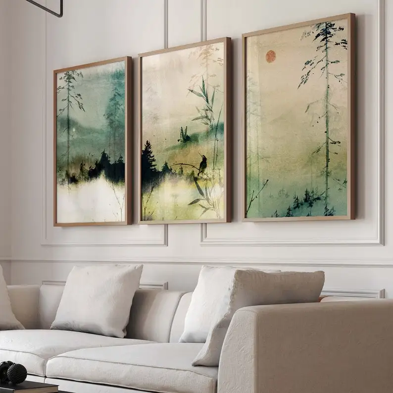 3pcs/set Japanese Sunrise Mountain Landscape Canvas Print Green Bamboo Plant Wonderland Wall Art Poster for Modern Home Decor