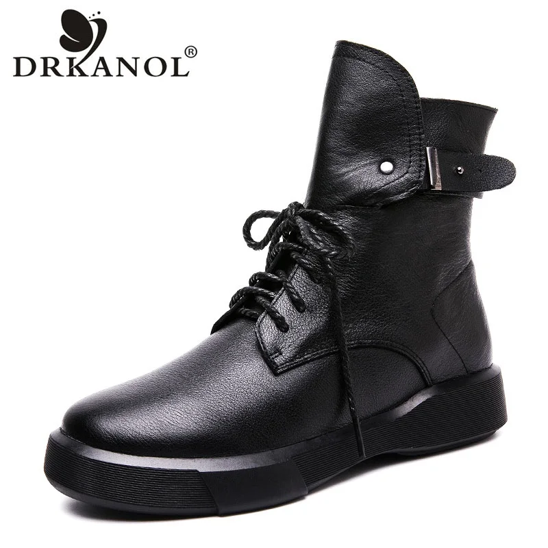 DRKANOL Fashion Black Genuine Cow Leather Ankle Boots For Women Autumn Winter Plush Round Toe Flat Heel Soft Comfort Warm Boots