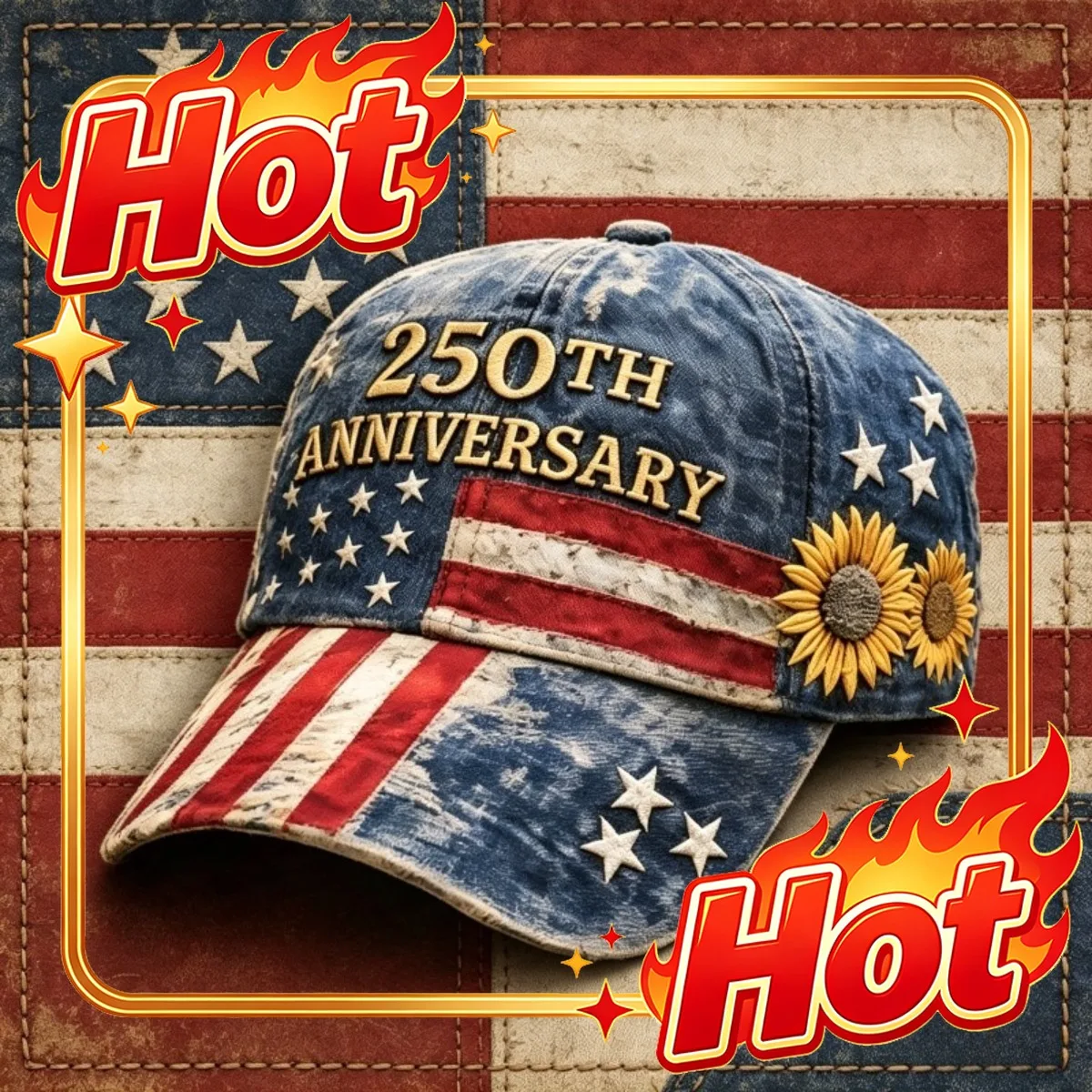 Custom Custom Cap 250Th Anniversary Of The United States Commemorative Baseball Cap, American Flag And Sunflower Printed