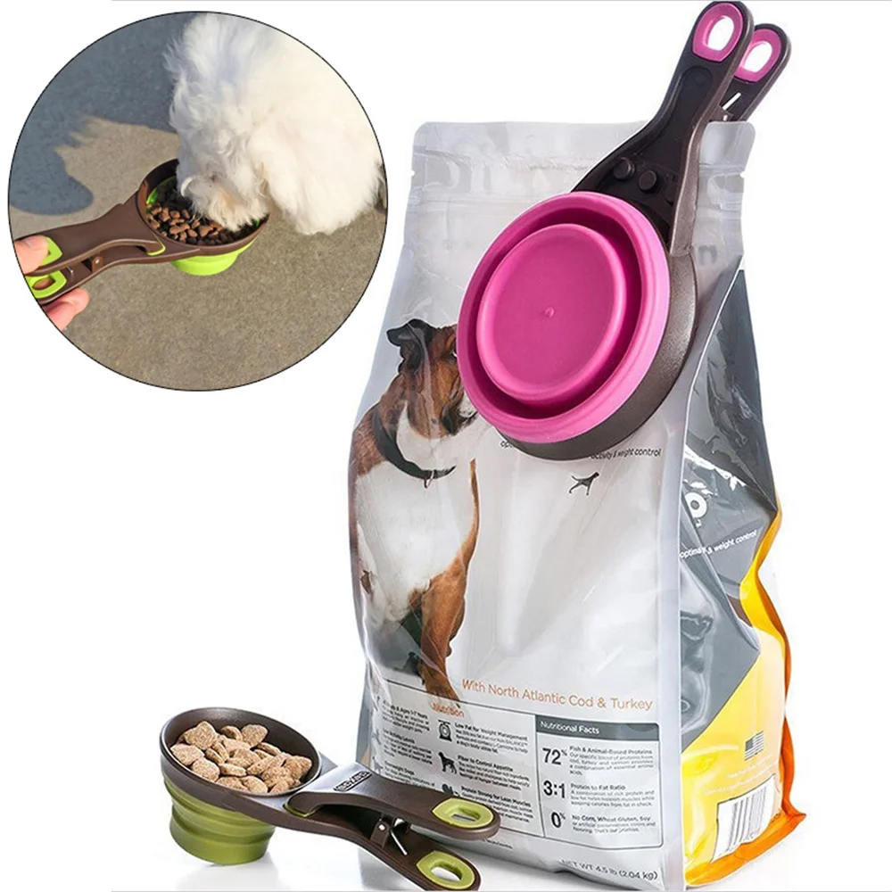 Portable Foldable Silicone Pet Food Scoop Measuring Cup With Bag Clip Sealer 3 Sizes Dog Cat Kibble Spoon Travel Pet Feeder Bowl