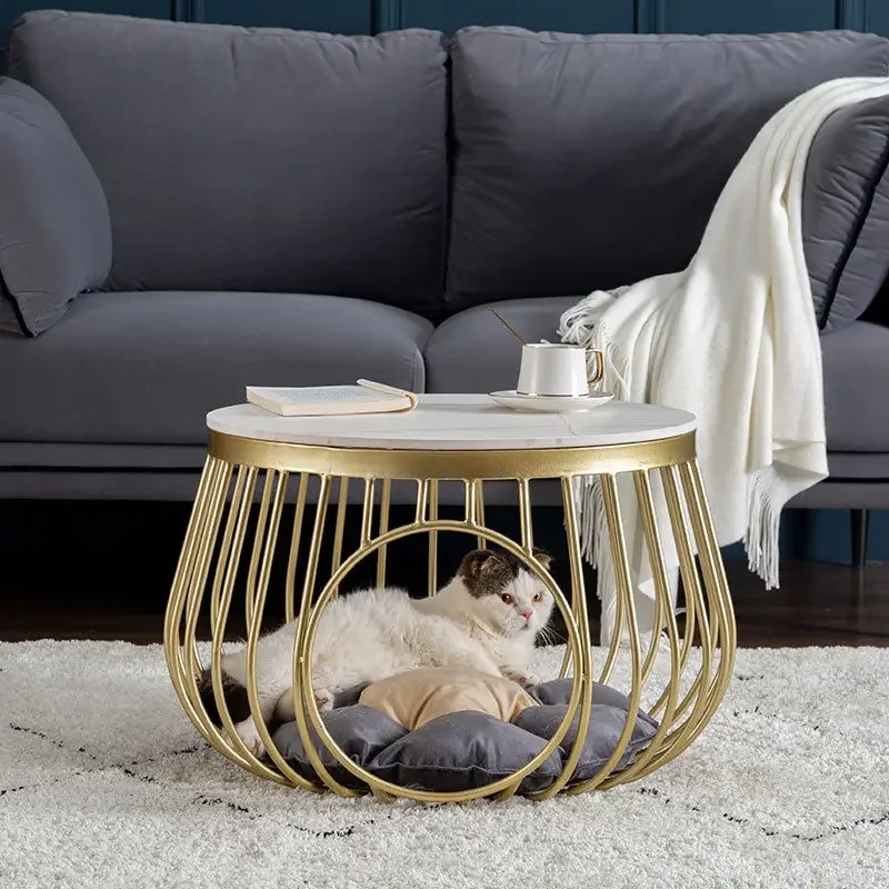 Nordic Wrought Iron Living Room Small Apartment Cats Sharing Tempered Glass Coffee Table  Stone Slab Mesas Pet Cat Nest Tables