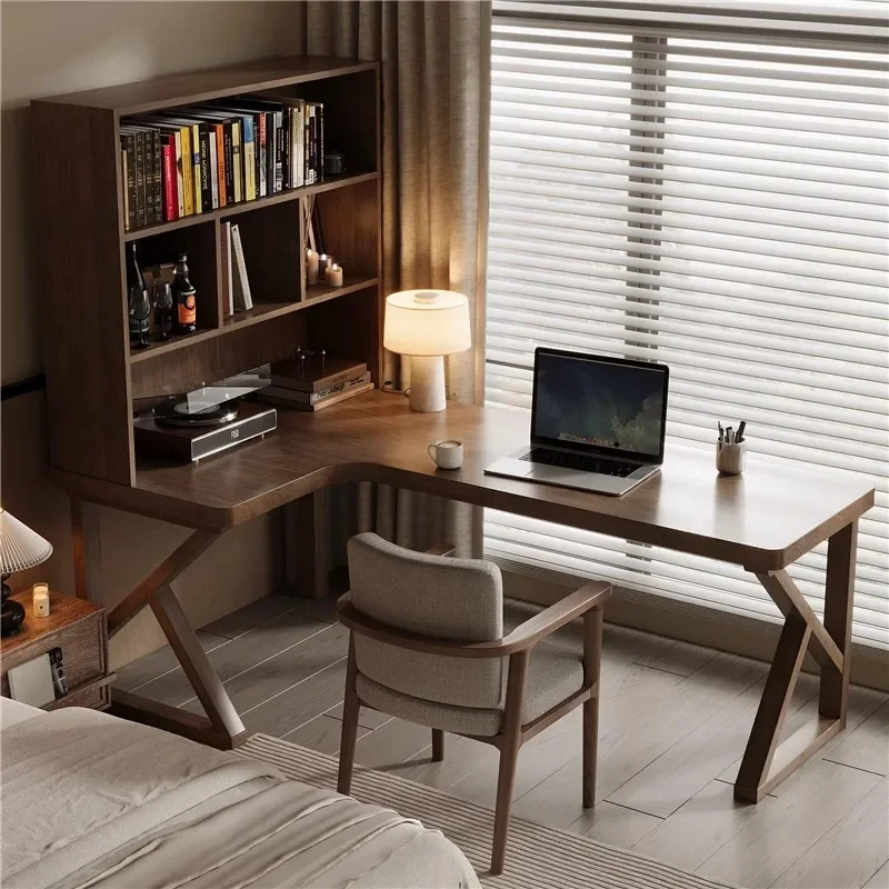 Corner L-shaped desk bookshelf integrated table household corner all solid wood study table bedroom computer table workbench