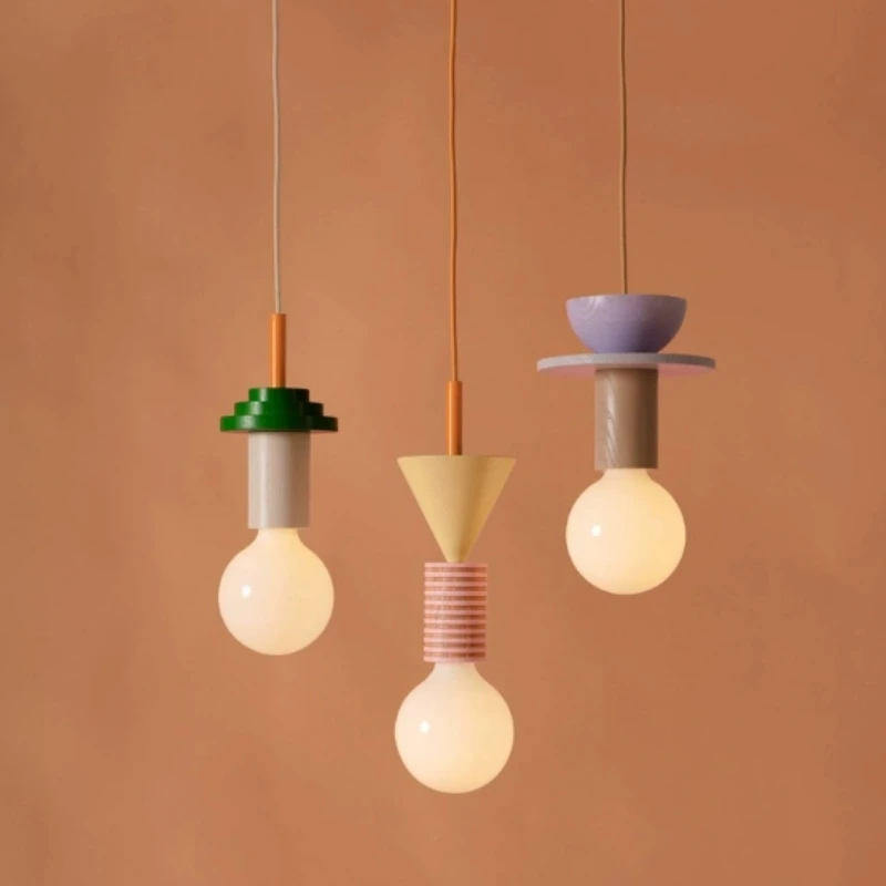 

Modern Creative Geometric Woodcraft Art Pendant Light Children's Room Bedhead Cartoon Color Wooden Lamp Home Decoration