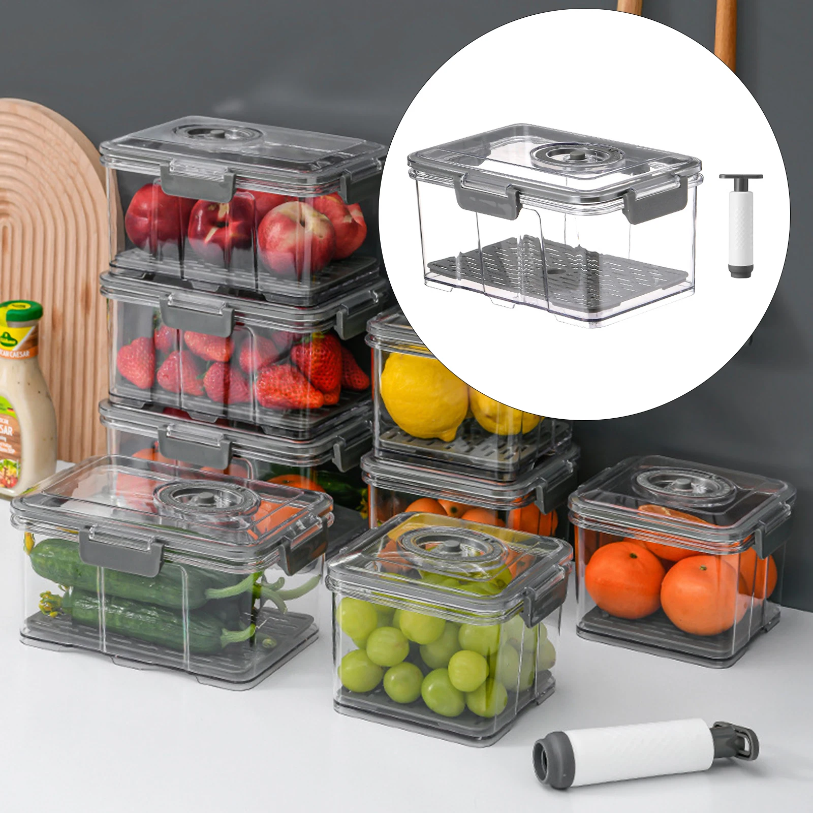 Household Vacuum Fresh-Keeping Storage Box Food Sealed Transparent Drain Jar Kitchen Refrigerator Freezer Storage Box