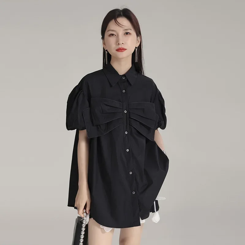 Three-Dimensional Bow Medium And Long Cardigan Shirt Summer Women's Niche Chic Shirt Top Fashion Trend