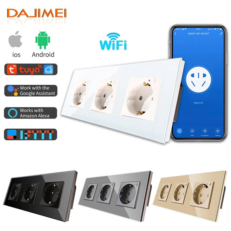 

DAJIMEI EU Russia Standard Triple Wifi Power Monitor Sockets Glass Panel Wall Outlet Google Alexa Tuya App Control Smart House