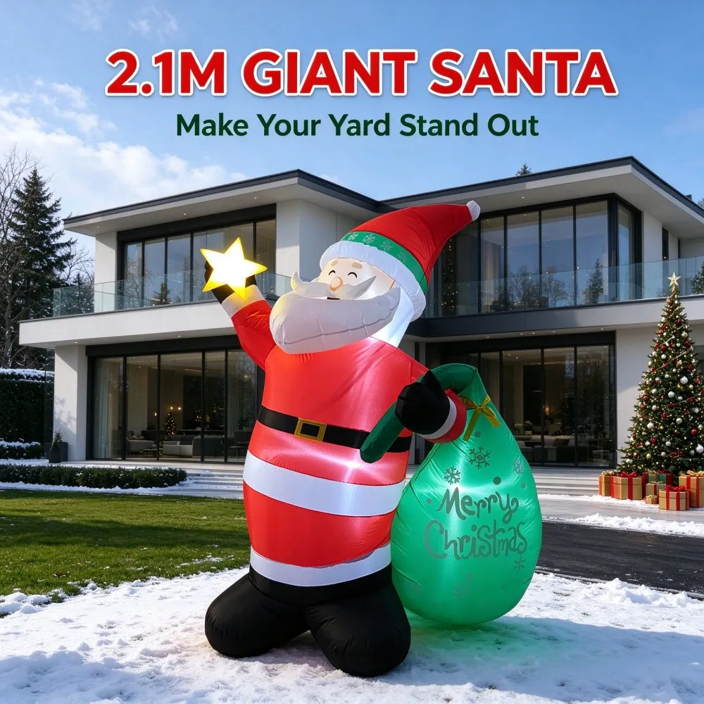 2.1M Tall Inflatable Santa Claus Handheld Shining Stars Green Gift Bag Built LED Lights Indoor Outdoor Courtyard Mall Decoration