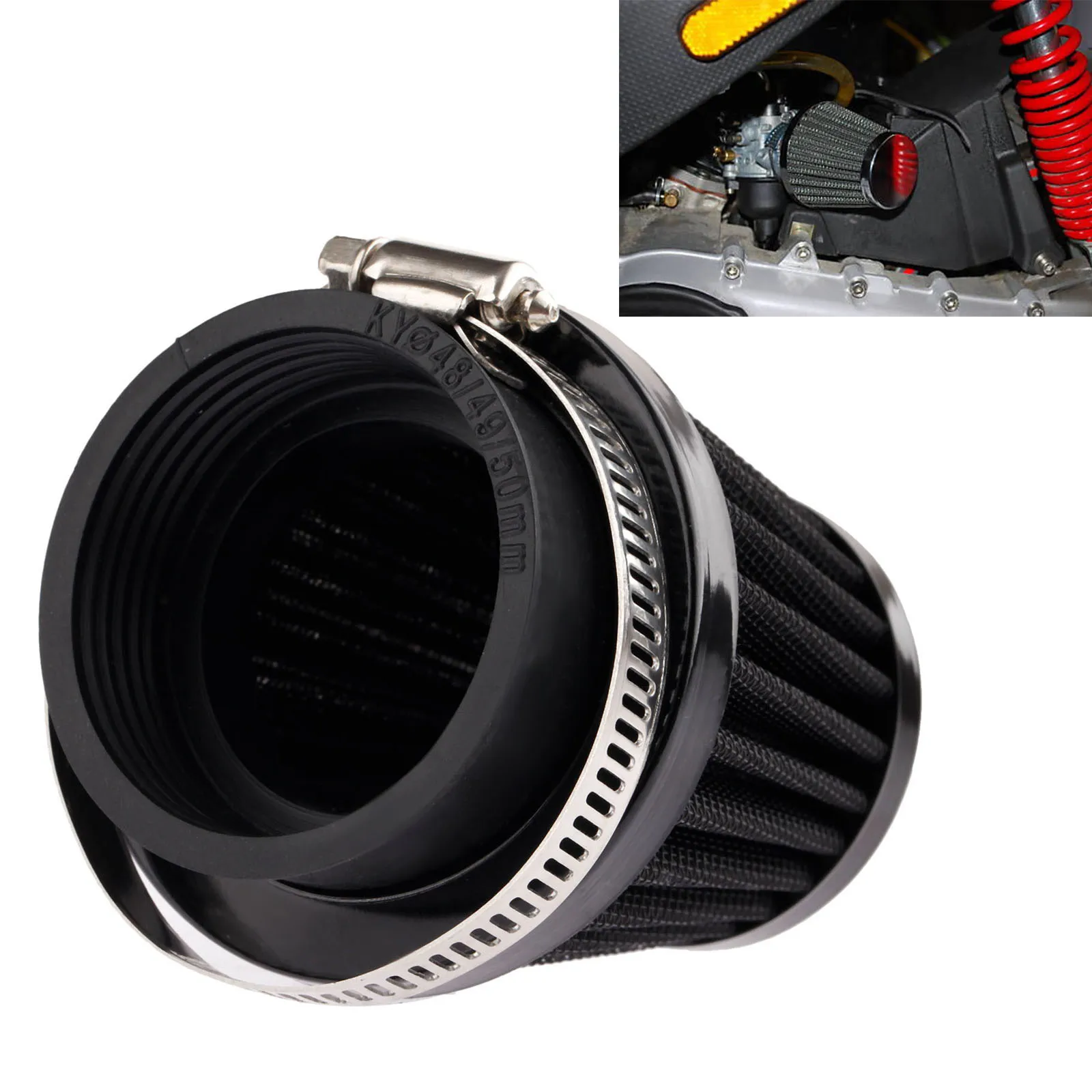Image of 1 Stück Motorrad-Luftfilter 50mm Konischer Doppelschicht-Stahlnetzfilter mit Klemme für Roller ATV Universeller Ersatz-Lufteinlassfilter
