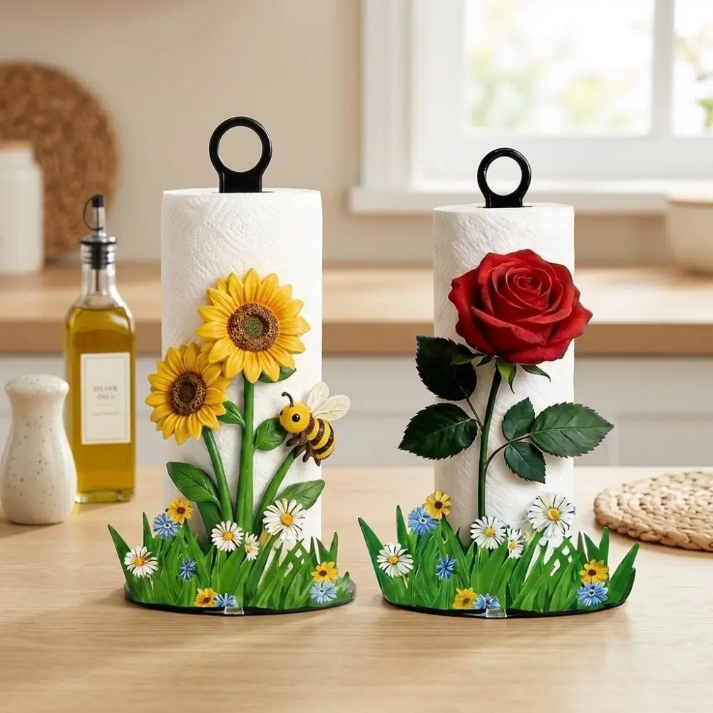 2D Flat Floral Paper Towel Holder Cook Character Animal Flower Pattern Vertical Roll Paper Holder Freestanding Rotating
