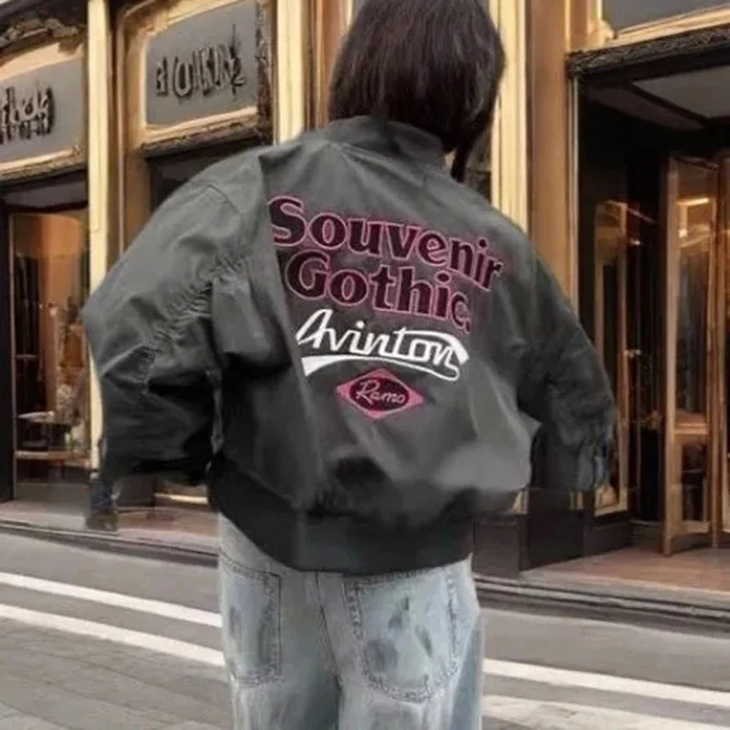 Women Letter Embroidery Bomber Jacket Patch Zip Up Coat Oversized Long Sleeve Retro Motorcycle Y2K Streetwear Outerwear Top