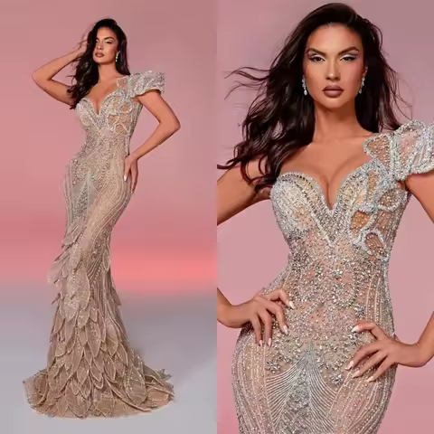 Customized Arabic Evening Dresses Champagne One Shoulder Mermaid Long Party Dress Crystals Celebrity Prom Dresses