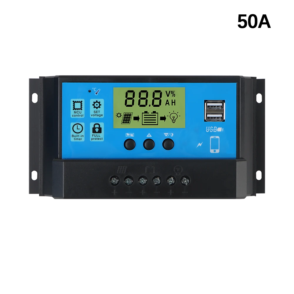 Regulador de batería de Panel Solar, controlador de carga Solar, pantalla LCD, doble USB, salida de 5V, 10A, 20A, 30A, 40A, 50A, 60A, PWM, 12V, 24V