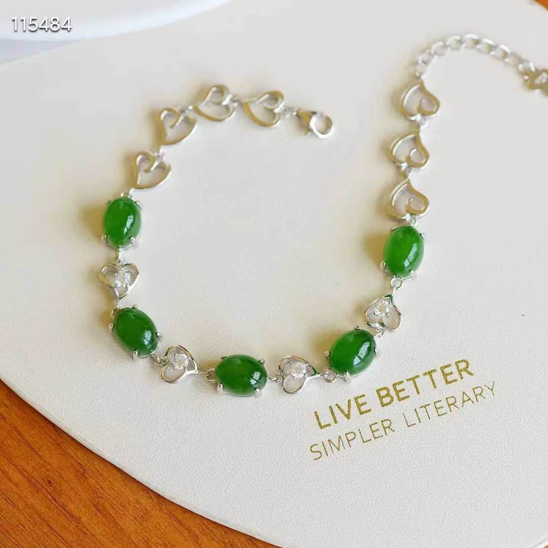 

Natural open 925 sterling silver bracelet inlaid green oval hetian jade temperament ladies jewelry bangles Ladies' Gift