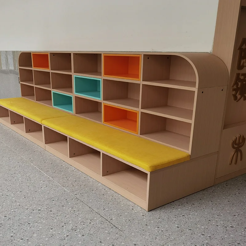 Kindergarten Children's School Color Plaid Wood Bookcase, Free Combination Self-assembled Solid Wood Reading Children's B