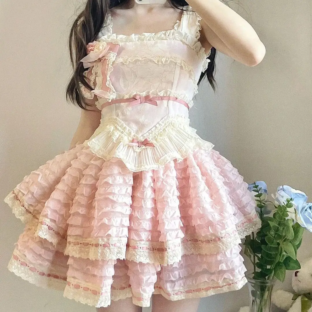 

Платье принцессы в японском стиле "Лолита", розовое милое маленькое французское тяжелое Пышное Платье для девушек, костюмы для косплея, женское мини-платье на бретелях