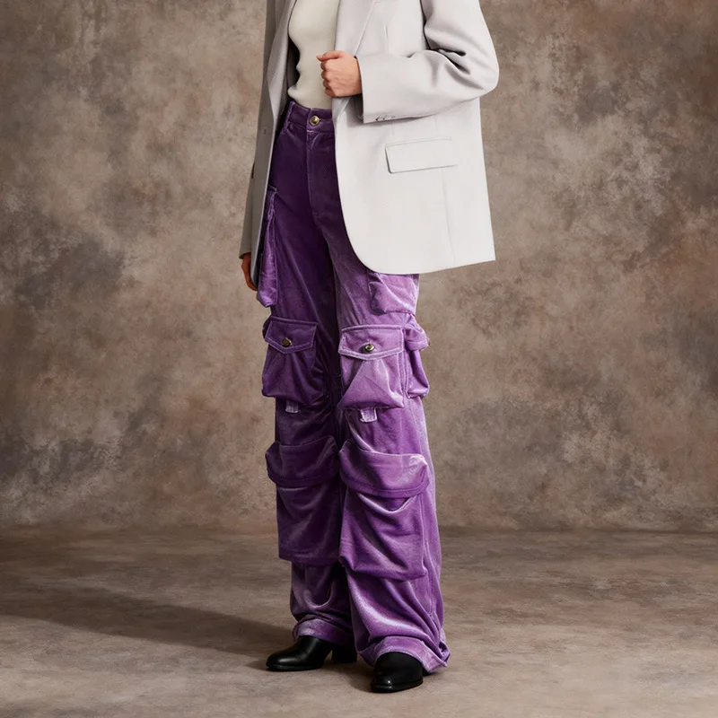 HKSH 2026 Spring Autumn New Women'l Velvet Pants Multi-Pocket Safari Style Elegant Chic Punk Streetwear Casual Versatile HK18974