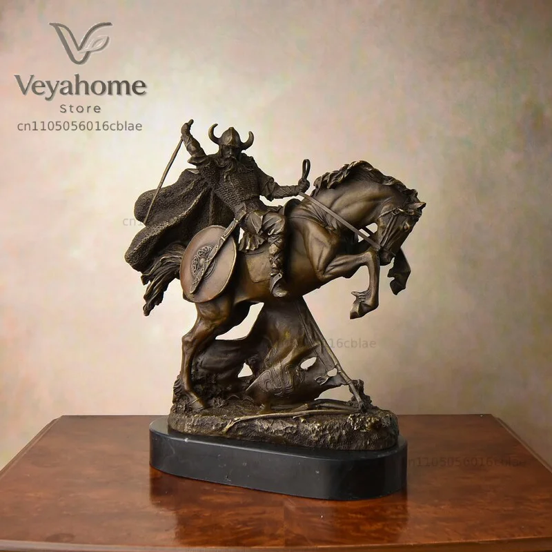 Bronze Medieval Warrior Riding Statue Vintage Sculpture Handcrafts Marble Base Collectible Figurine Art Home Decoration
