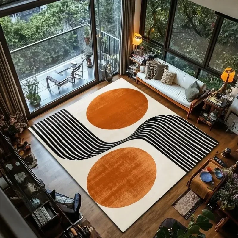 Retro Minimalist Area Rug – Orange Geometric Circle Design, Non-Slip Accent Carpet for Living Room Bedroom Decor