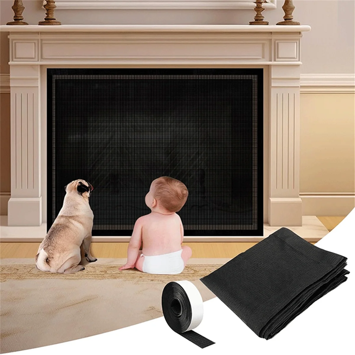 Fireplace Screen Mesh Cover PVC Fireplace Cover Pet Proof with Hooks and Loops Fireplace Safety Cover for Kids 100cm