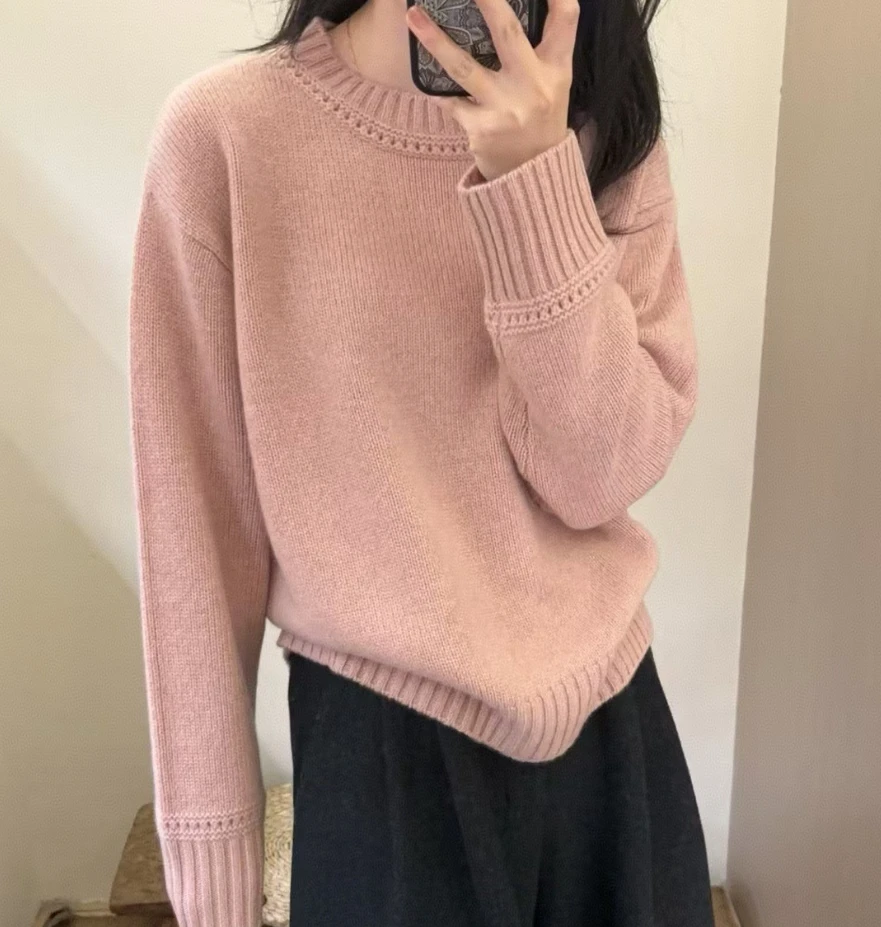 

Утолщенный шерстяной свитер с женским круглым вырезом и свободными рукавами на плечах, свитер на кашемировой основе.