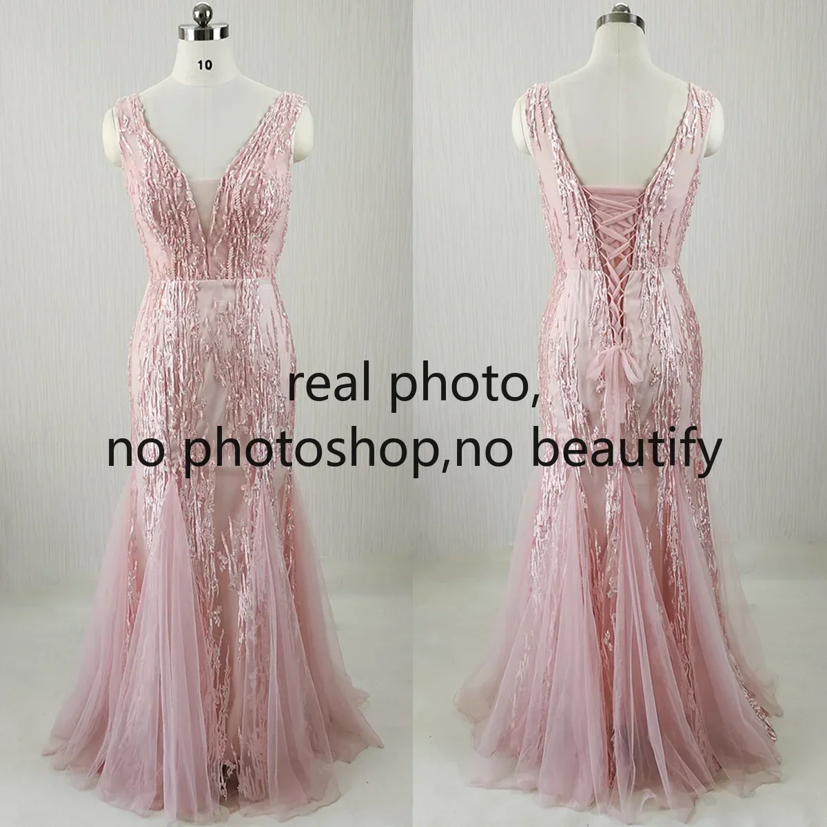 Evening Dress Sleeveless V-Neck Simple Lace Up Mermaid Floor-Length Appliques Ruched Fashion Pink Party Formal Gown Woman B204