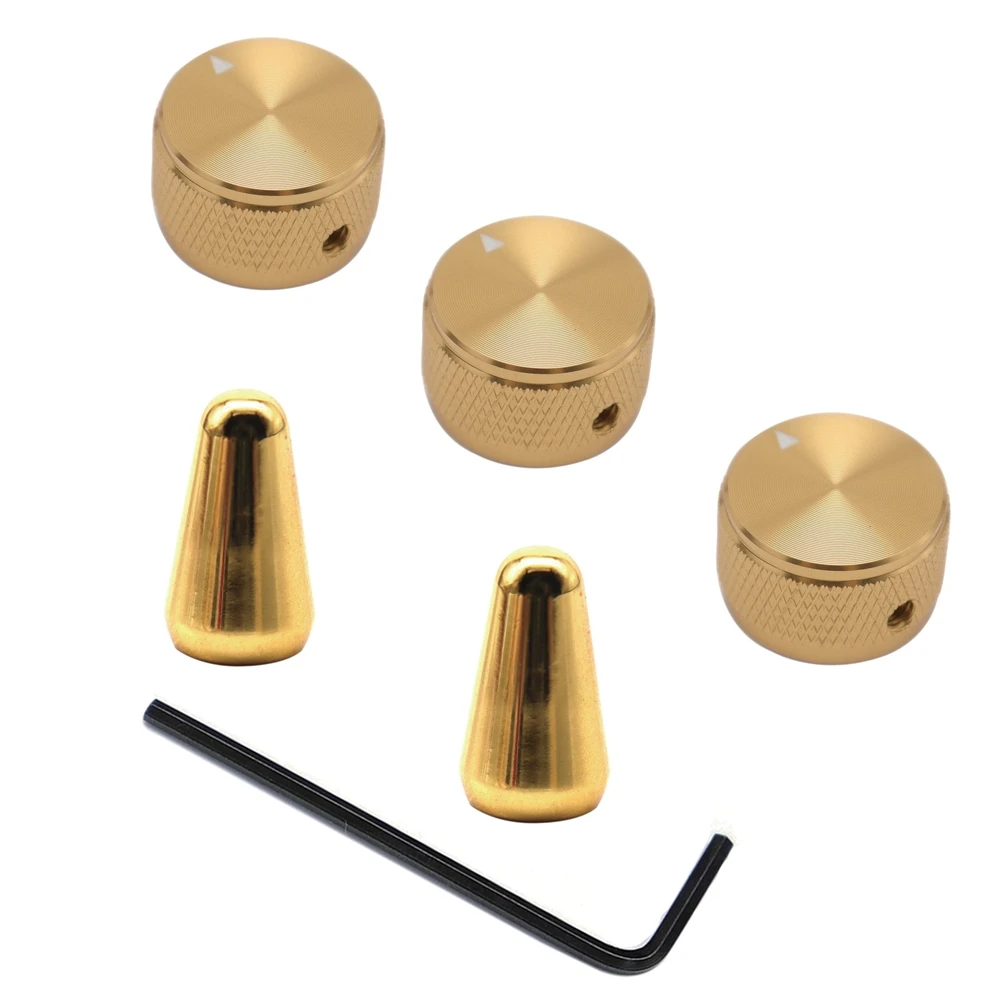 3 Stück Aluminium-Gitarrenknöpfe und 2 Stück Gitarrenschalterspitze aus Messing und Metall für Gitarrenzubehör – Detail 4
