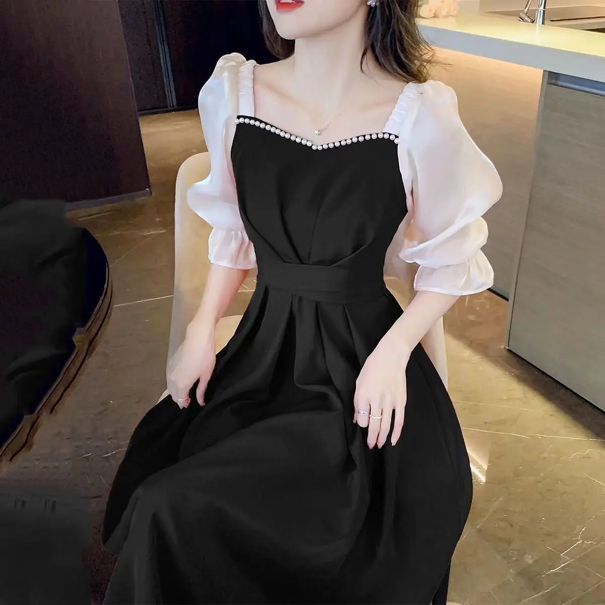 

Five-quarter Sleeve Dress 2026 New Lace-up Slim Square Neck Long Splicing Skirt