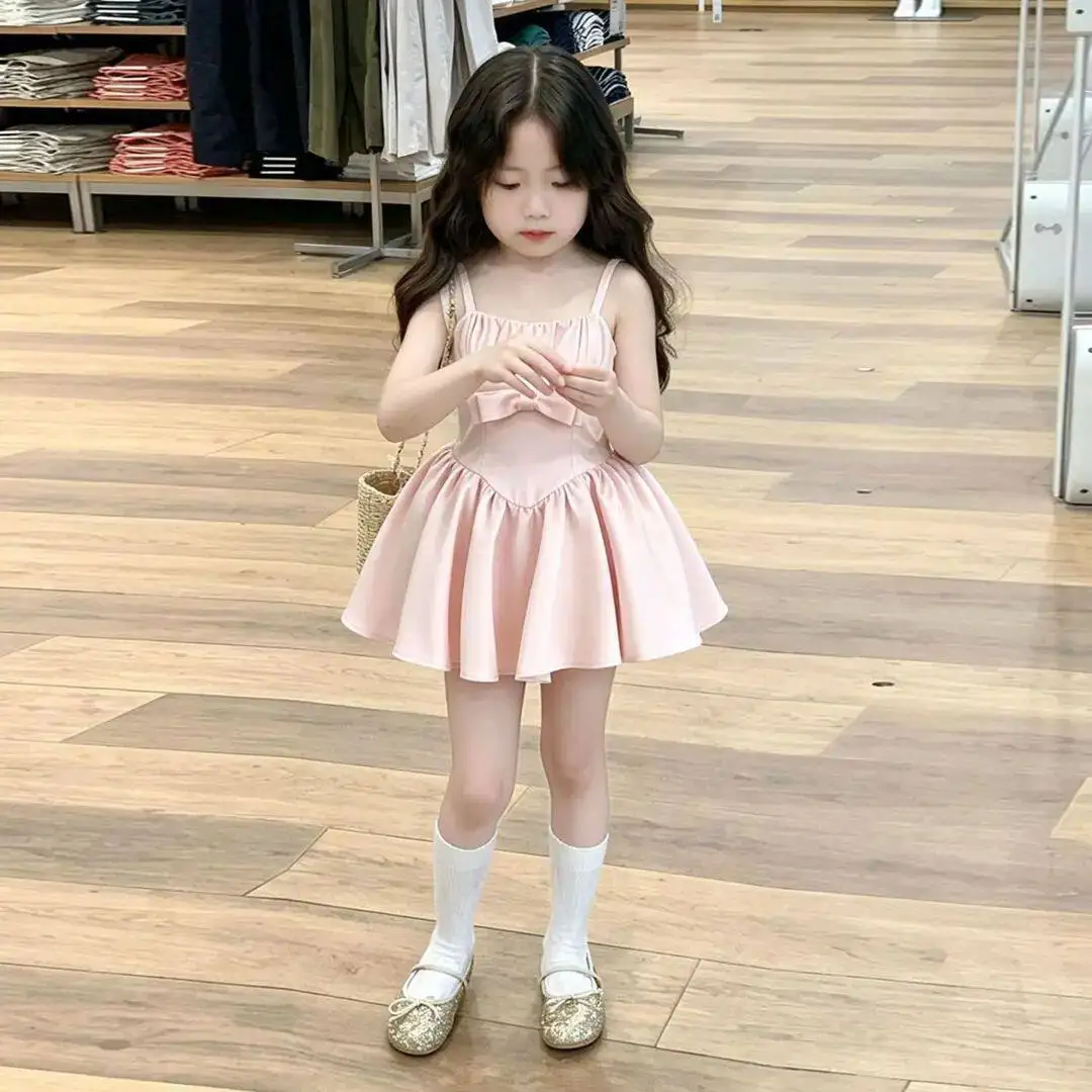 Girls' Summer Sweet Dress 2026 New Pink Bow Strap Skirt Little Girls' Waist Princess Short Skirt