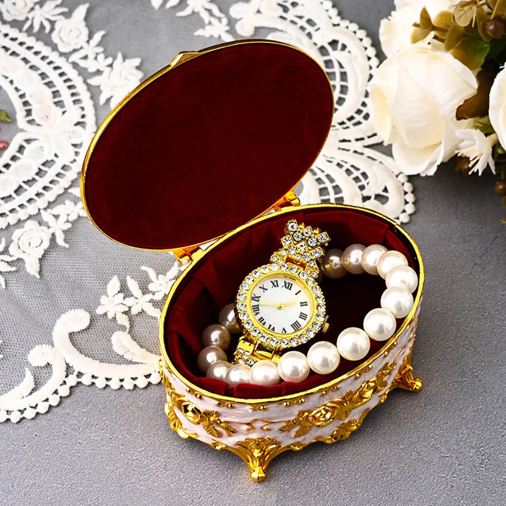 

Elegant Enamel Jewelry Box Vintage Oval Shaped Ring Holder Aluminum Alloy Small Organizer for Girls Trinket Box Storage
