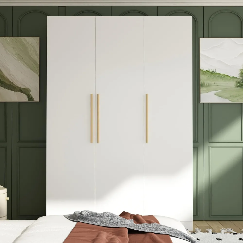 

3 Doors Wardrobe Armoire Closet, Large Freestanding Armoire Wardrobe Cabinet with Shelves & 2 Hanging Rod, Bedroom Wood Clothes