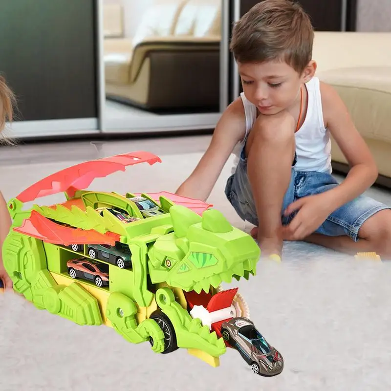 Dinosaur Transport Toy Car Eating Dinosaur Truck Transformation Track Carrier Truck For Kids With 6 Small Alloy Vehicles