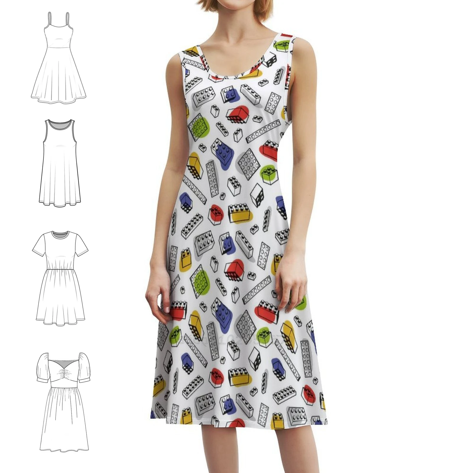 

Play With Me / / White Background Blue Red Orange Sexy Vacation Dress For Women Beach Party Birthday Mini Dress Building Blocks
