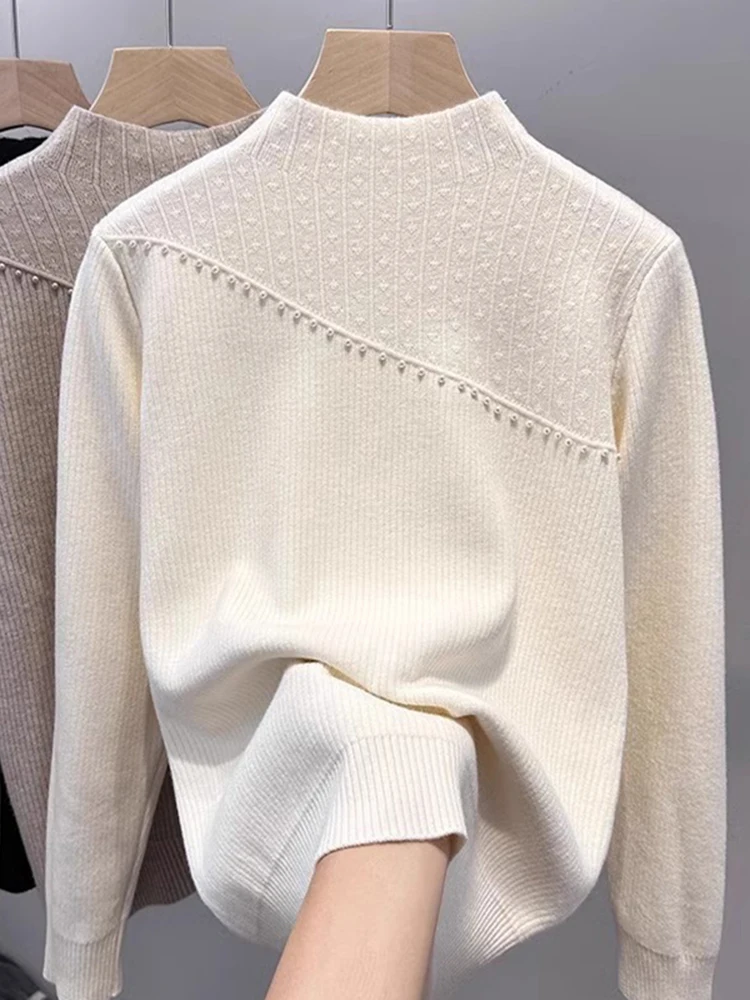 Women's Fce Lined f High Ne Knitwear Thiened Inteated Fce Base irt Trendy Bead Embellied Autumn Winter New...