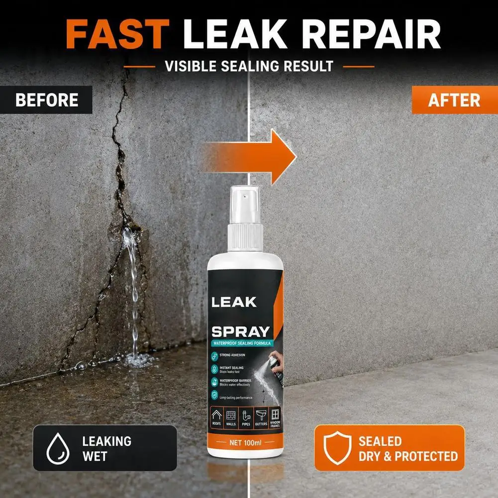 100ml Waterproof Leak Repair Spray, Clear Long Lasting Sealant for Wall Roof Gutter Pipe Tile, Portable Waterproof Coating Agent